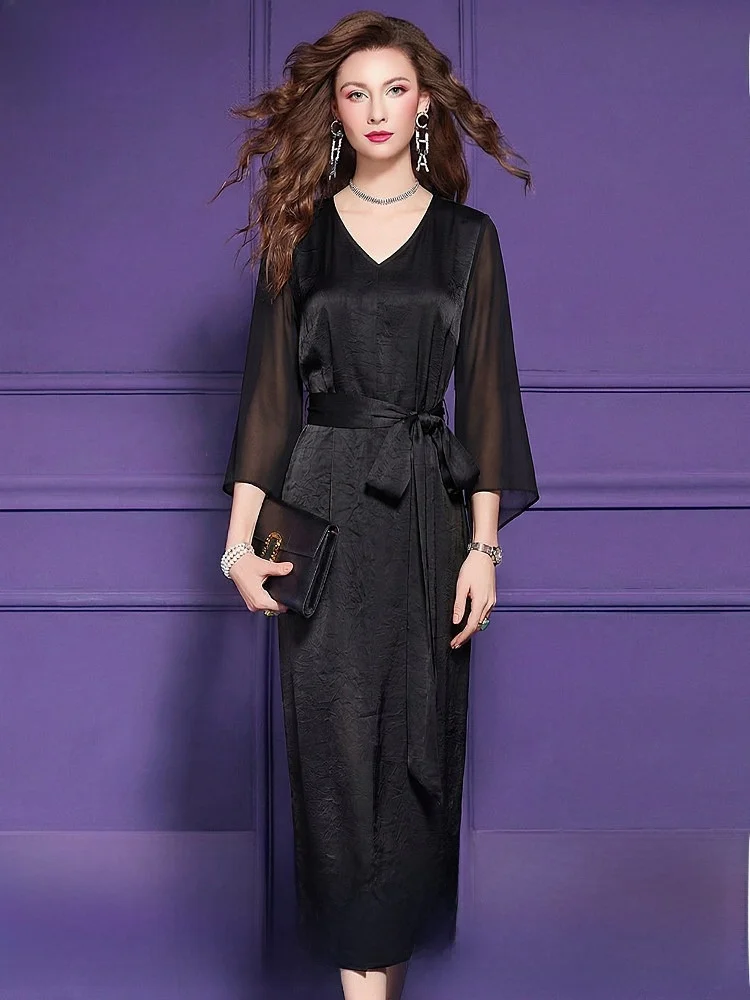 

Elegant V-neck Midi Dress Women's Summer Slimming Belted Gown Polyester Fiber High Waist Straight Cut City Commute Dress