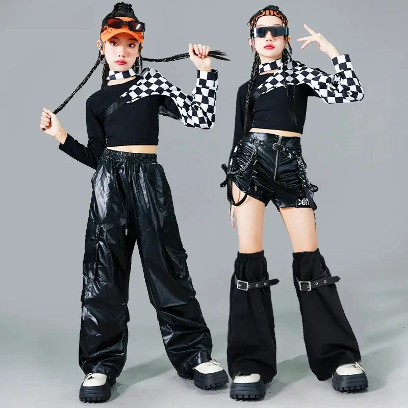 

Укороченный топ для девочек в стиле хип-хоп, клетчатые брюки-карго с манжетами, детская уличная одежда, толстовки, шорты, комплект одежды, детские костюмы K-pop Jazz Girl Group