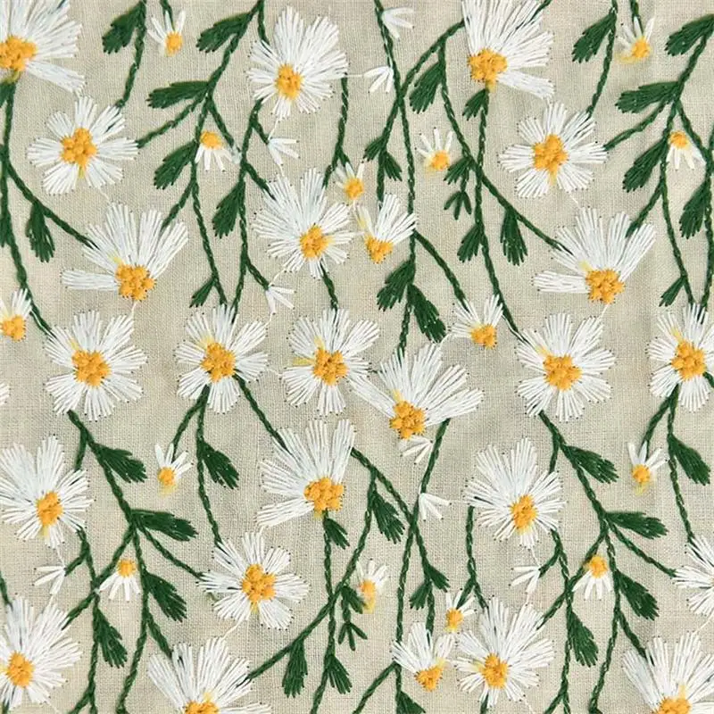 Daisy Cotton Linen Embroidered Fabric Handmade Dress Bag Sewing Home Tablecloth Cushion Decorative Fabric