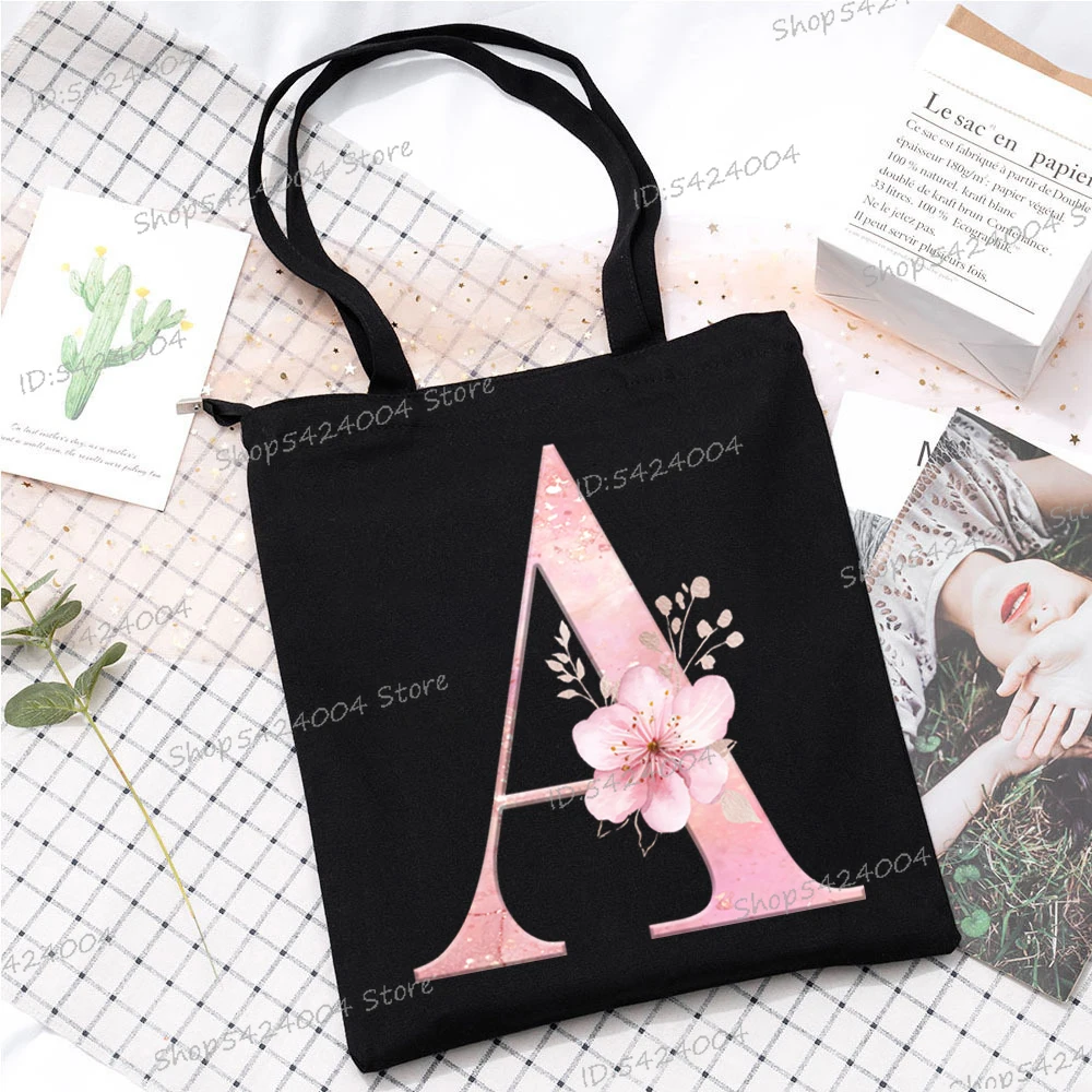 Pink Sakura Alphabet Gift for Women Lightweight Designer Shopper Bag Cherry Blossom Reusable Fashion Pattern Canvas Shoulder Bag