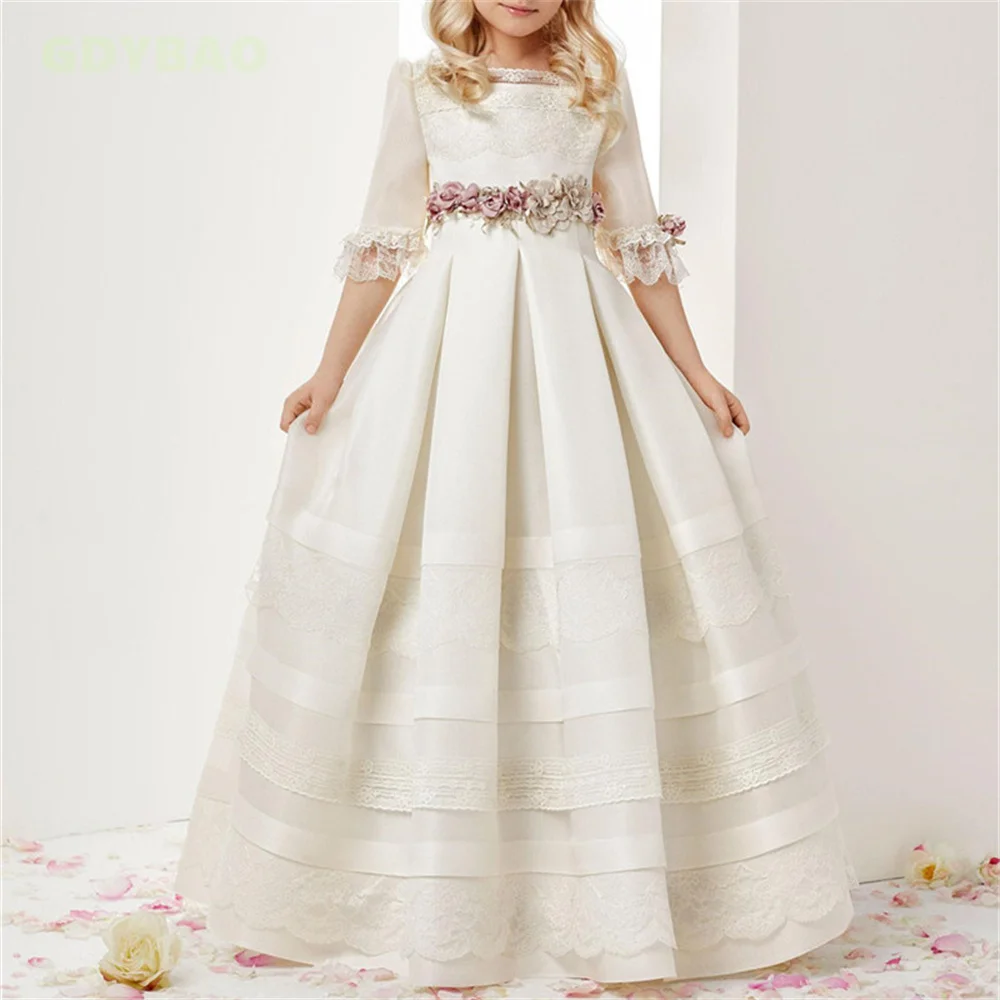 Branco simples primeira comunhão vestido da menina de flor rendas meia mangas festa aniversário da criança princesa beleza pageant baile baile vestidos