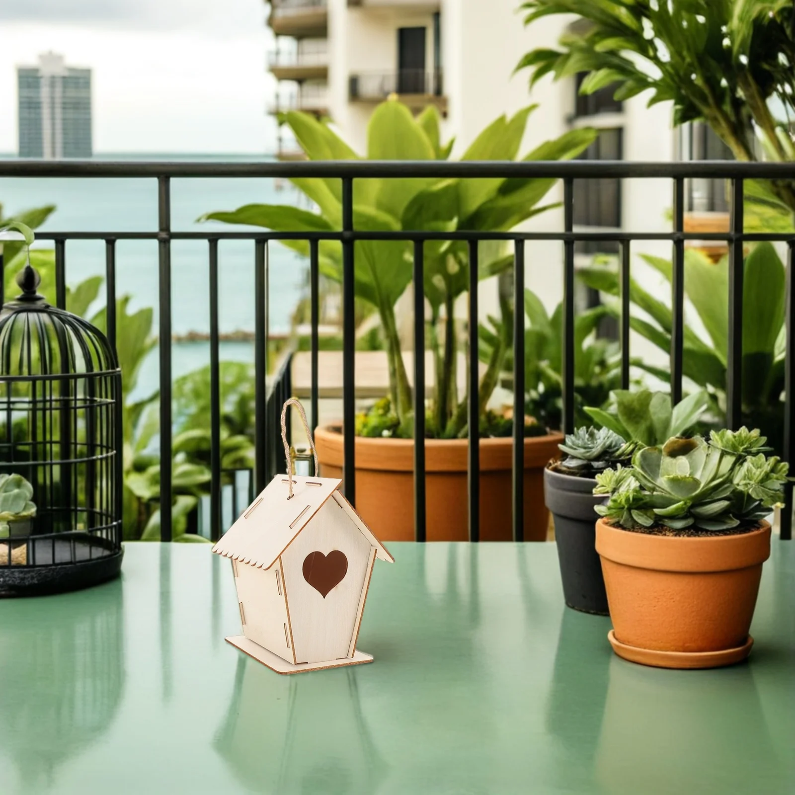 6 قطع من مشاريع الحرف العائلية، منزل الأطفال، منازل قابلة للطلاء، بيت الطيور الخشبي المزخرف باللون البيج #5