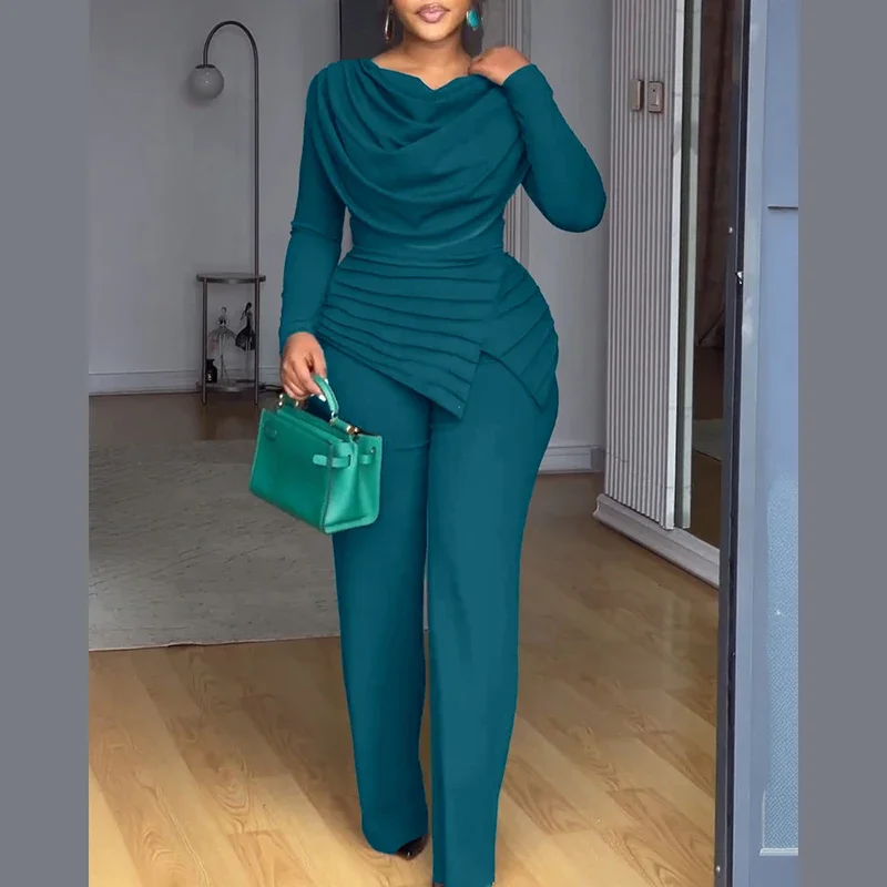 

Элегантный офисный комбинезон с воротником-стойкой, драпировкой, завышенной талией, асимметричным подолом, длинными рукавами и облегающим силуэтом, однотонный, в винтажном стиле