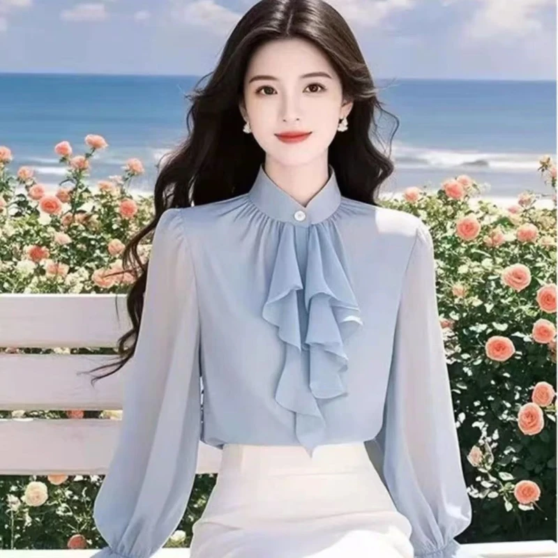 

2025 Spring Fall French Style Women Stand Collar Lantern Flare Sleeve Bue Ruffles Top Shirt , Chiffon Tops Shirts for Woman