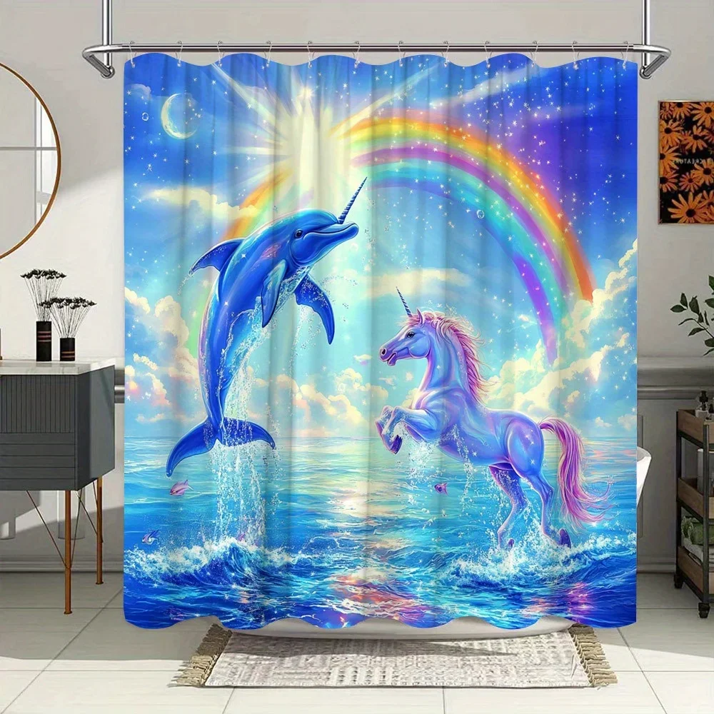 

Занавеска для душа «Волшебные существа» — Единорог и дельфин, Радужная мечталия, акварельный стиль, водостойкий полиэстер