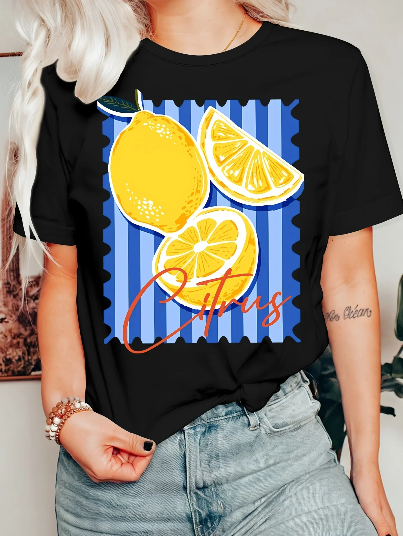 Summer Citrus Lemon Stamp Womens T Shirt Vintage Colorful Fruit Graphic Tee Short Sleeve Casual Daily Holiday Ladies Tops