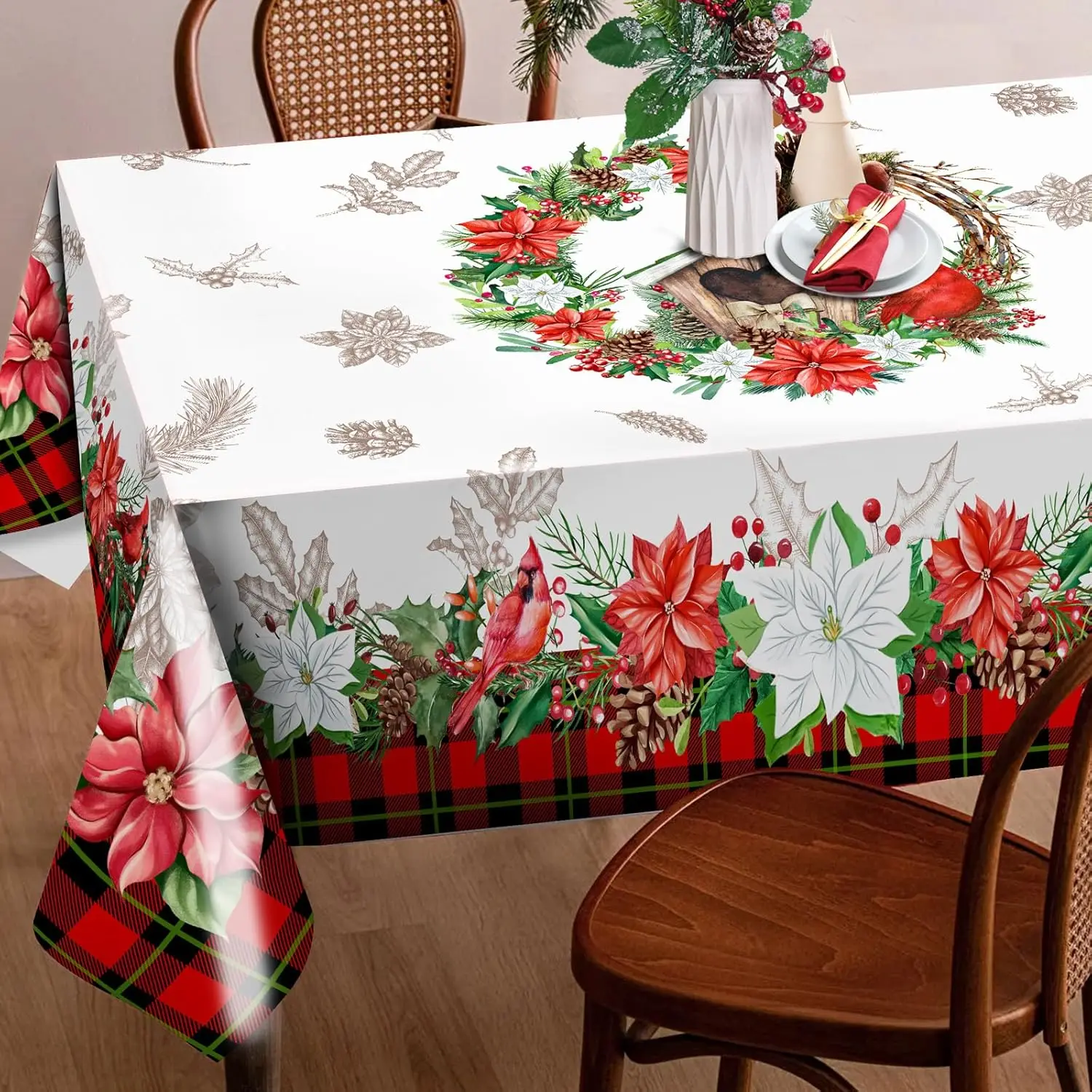 Christmas Poinsettia Floral Rectangle Tablecloth Wedding Party Decor Winter Xmas Flower Plaid Table Cloths Navidad Decorations