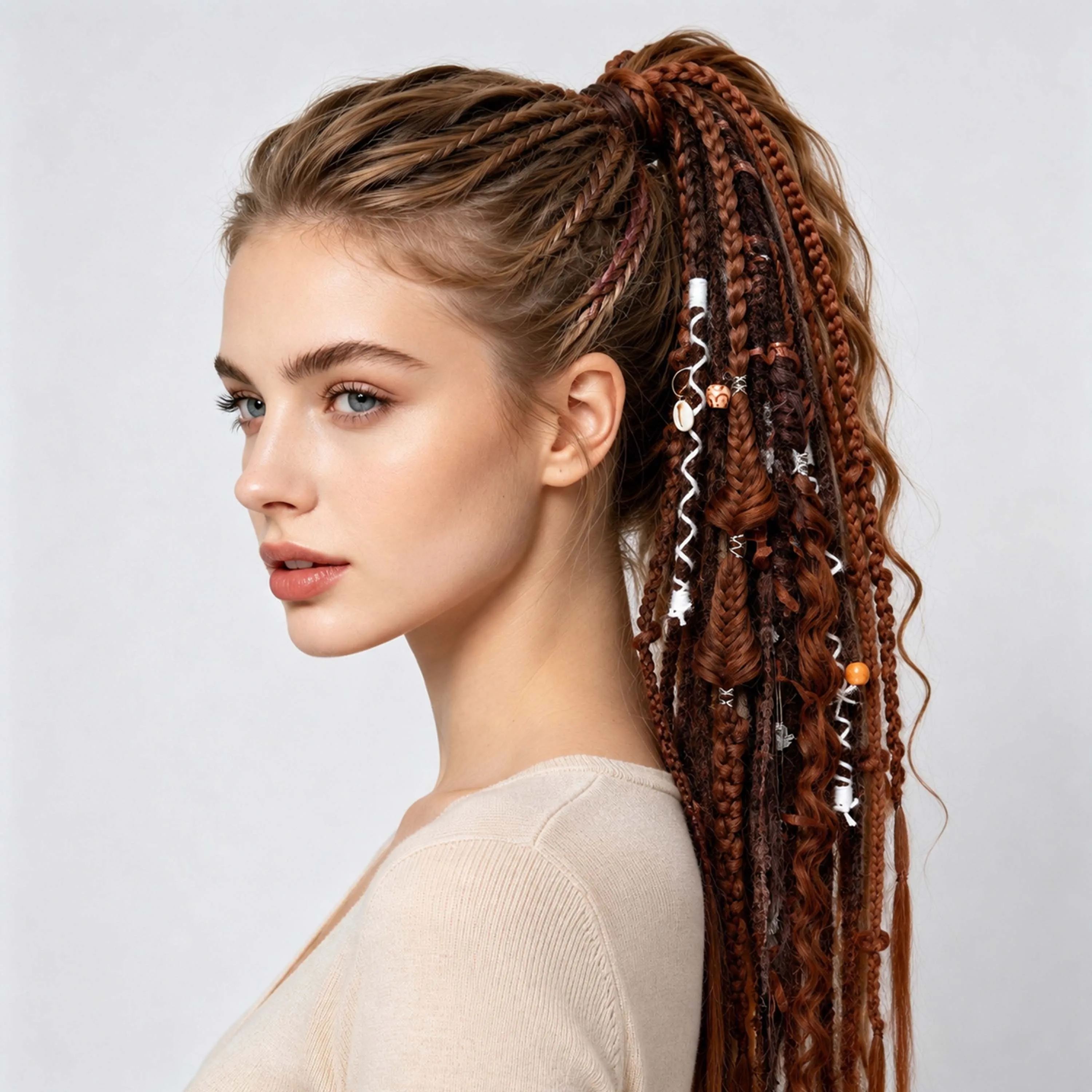 Wigundle Brown Bohemian Ponytail Braids, Lock Beaded Pony tail Hand Braids Locs,Synthetic Band Crochet Hair Extensions For Women