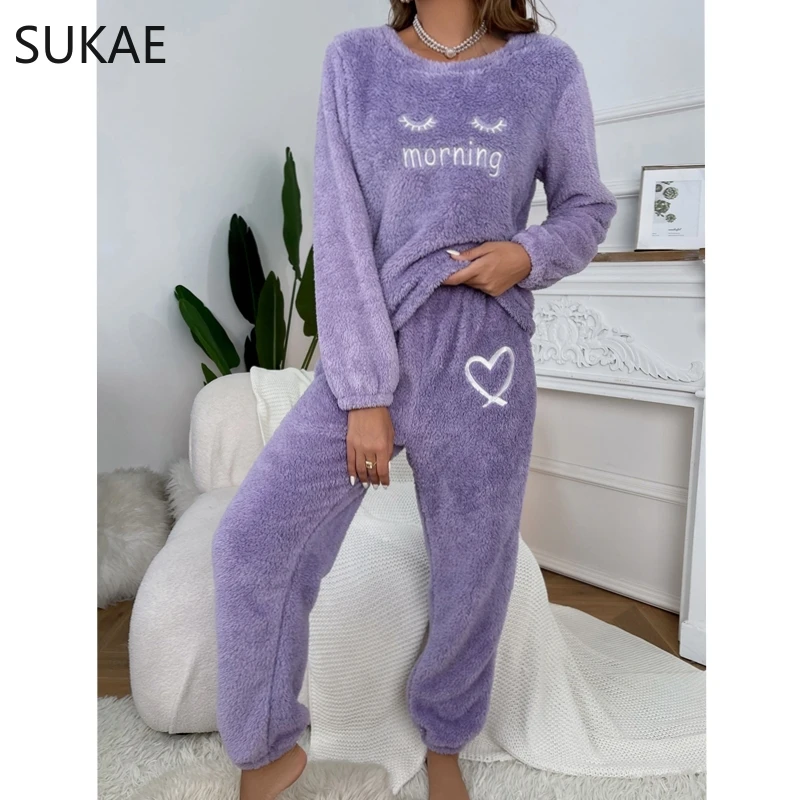 SUKAE Fluffy Homewear Winter Woman Pajamas Set Pullover Lashes Sleepwear Cozy Flannel Pijamas Cold Thermal Lady Lingerie Pyjama