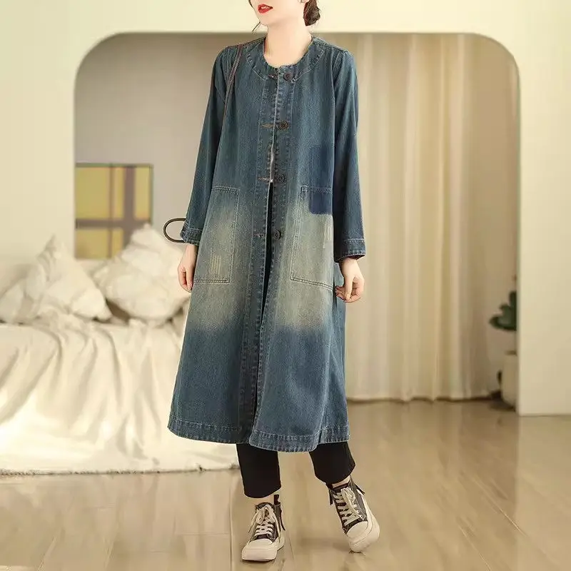 Lente En Herfst Vrijetijdsjurk Met Lange Mouwen Denim Jasje Jurk Voor Dames 2024 Mode Vintage Roun Hals Jeans Windjack Robe Z4598