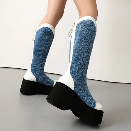

Women Thick Sole Boots 2024 Ladies Thigh High Boots Cowboy Thick Sole Chunky High Heels Western Woman Winter Denim Cowgirl Shoes