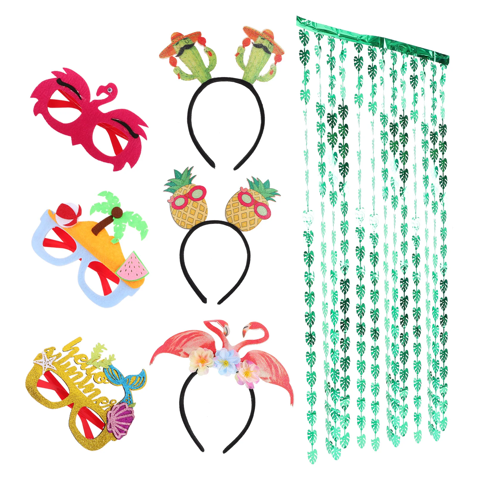 

1 set Hawaiian Themed Decoration Funny Photo Booth Props Tassel Curtains Headband Glasses Lightweight Sturdy Cartoon Design Luau
