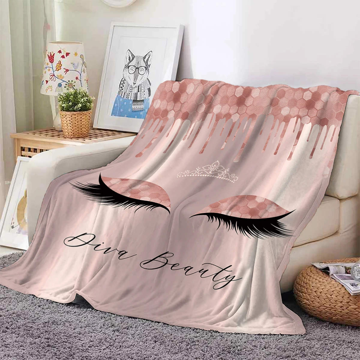 1pc Pink Eyelash Crown Print Flannel Blanket,Soft Cozy,For Travel Sofa Bed Home Decor,Birthday Gift For Teen Adult and Kid