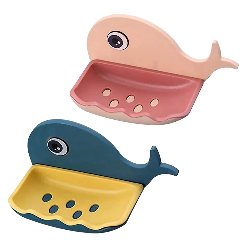 2 Pcs Creative Free Punch Cartoon Fish Soap Box Soap Holder Household Wall-Mounted Drain Soap Box Khaki + Dark Blue