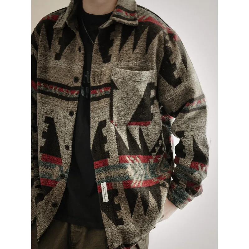 Vintage Heavyweight Flannel Shirt For Men Ethnic Print Long Sleeve Loose Fit Oversized Autumn Winter Fashion Coat