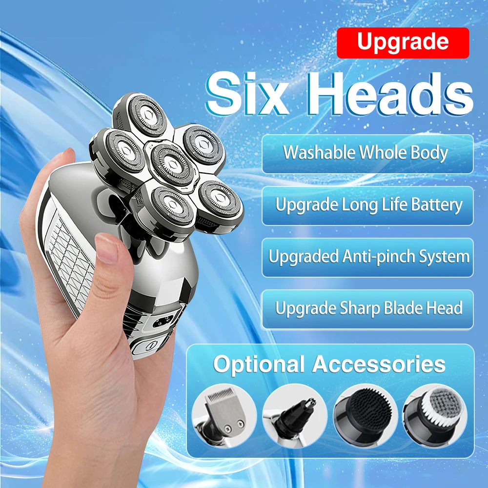 

Men's Bald Head Electric Shaver 6 Blades Floating 6In1 Heads Beard Nose Ear Hair Trimmer Clipper Facial Brush Rechargeable Razor