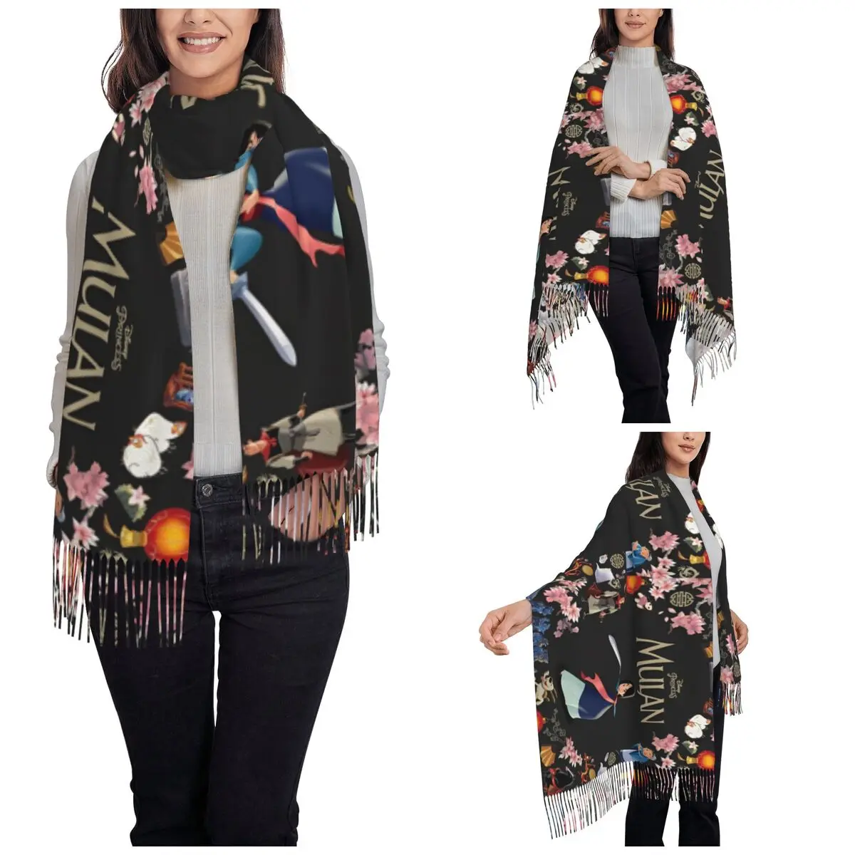 Mulan Princess Beaty Cartoon Scarf for Women Warm Winter Cashmere Shawls and Wrap Cute Mushu Large Scarves with Tassel Ladies