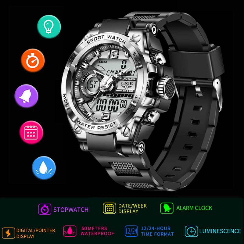 LIGE orologio da uomo orologio militare in Silicone orologio da polso sportivo di lusso di moda LED doppio Display digitale orologi orologio