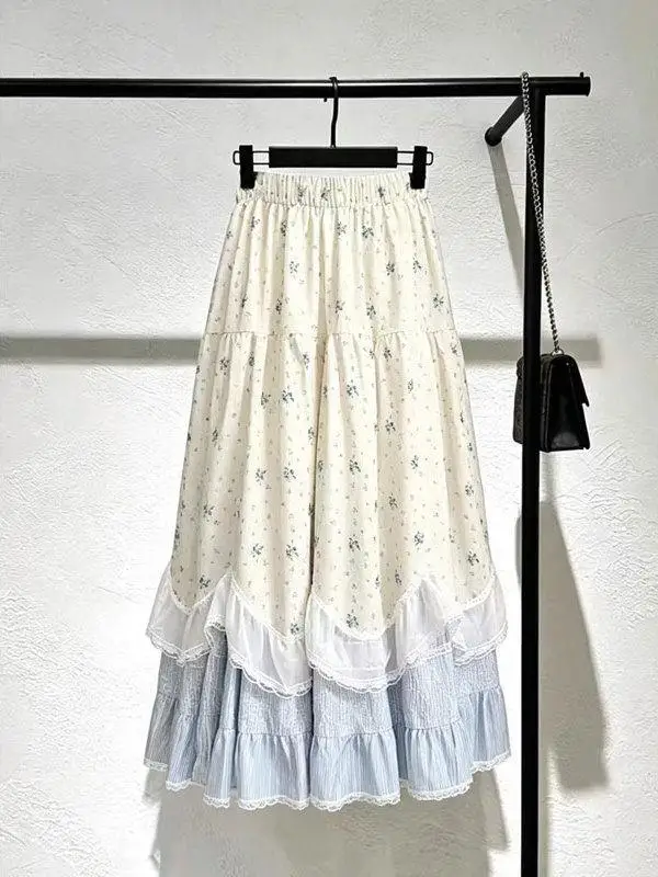 

plus Size Floral Lace Hem Midi Skirt Women's Summer High Waist A-Line Skirt Casual Style Half Body Skirt Loose Fit