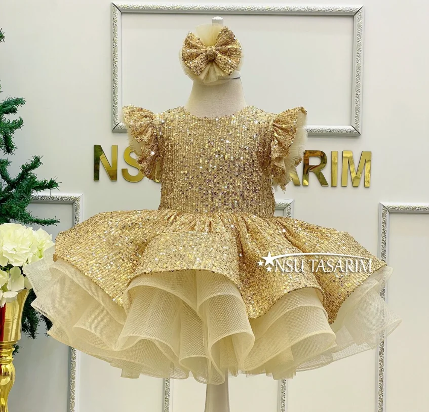 

New Gold Baby Girls First Birthday Party Dresses Kid 1-8 Years Tutu Outfit Lovely Vestidos Kids Clothes Flower Girl Dress