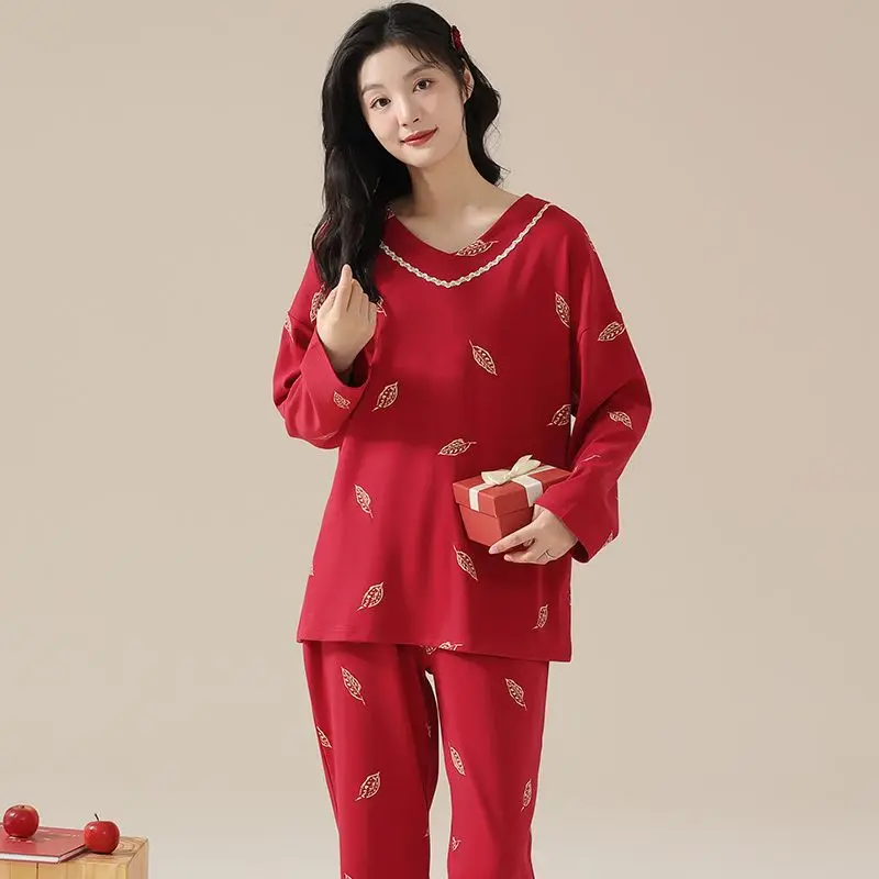 

Осень 2023, хлопковые пижамные комплекты больших размеров с длинными рукавами и v-образным вырезом для женщин, корейская одежда для сна, домашняя одежда, Pijama Mujer, домашняя одежда