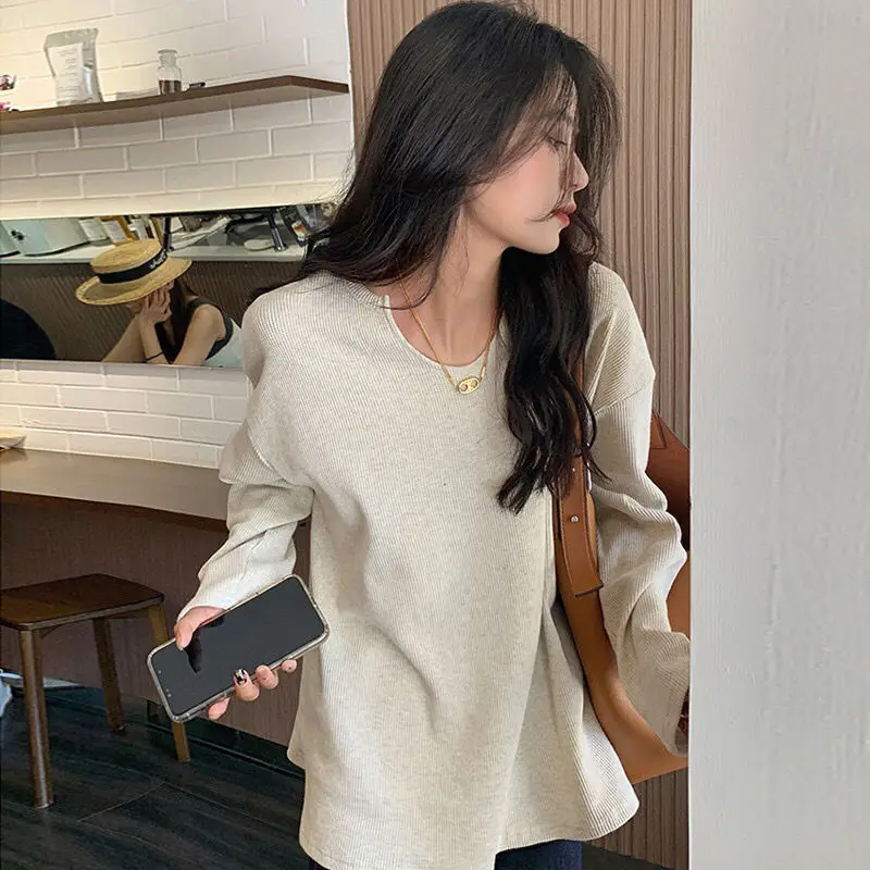 

Cotton Waffle Personality Solid Oversized Loose Long Sleeve Women T Shirt Slim Tunic Fashion Spring Fall 2022 New Arrival Tops