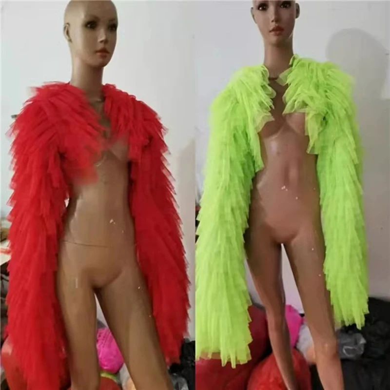 

Sexy Multi Layer Lace Long sleeved Camisole Fluorescent Yellow Red Bar DS Performance Outfit nNightclub Singer Dance Stage Wear