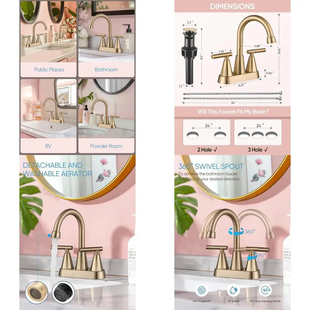 

2-Pc Brushed Gold 3-Hole 4 Centerset Sink Faucet with Pop-Up Drain and Dual Hoses