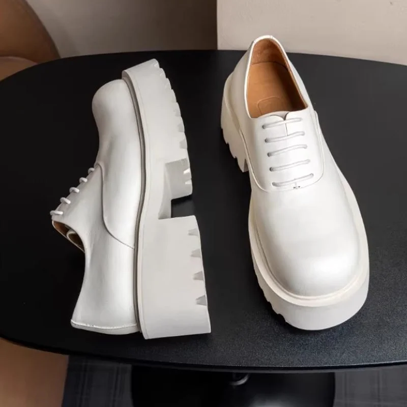 Big Head Oxford Shoes For Men Genuine Leather Lining And Outer Casual White Leather Shoes Height-increasing Shoes Runway Shoes