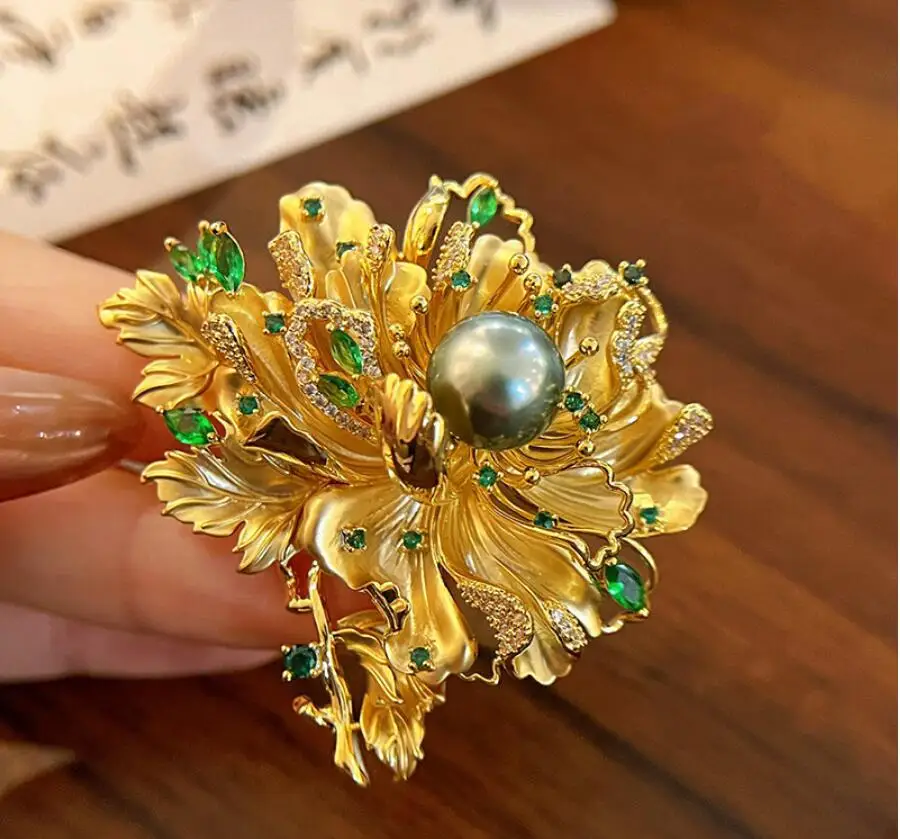 

Elegant multi-layered peony brooch for women, , pearl corsage, openwork sett south sea black pearl