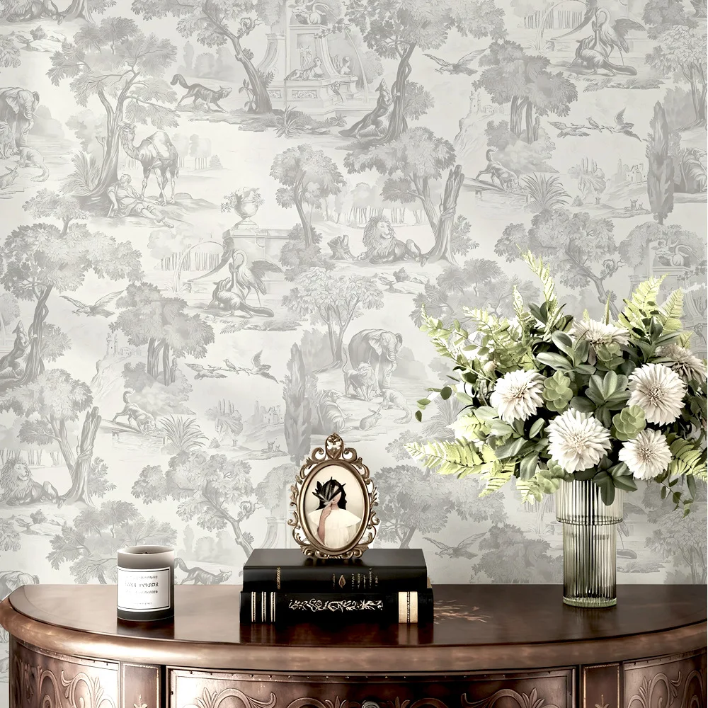 Vintage Grey Toile de Jouy Animals Self-Adhesive Wallpaper French Country Peel and Stick Wall Decor Sticker for Home Renovation