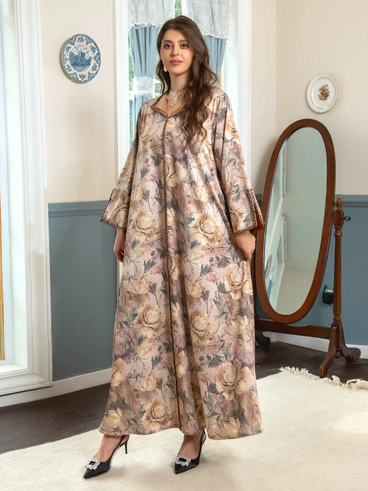 Eid Muslim Print Flowers Long Dress Women Ramadan Abaya Diamond Dubai Arabic Turkey Islam Kaftans Robes Party Caftan Kaftan 2023