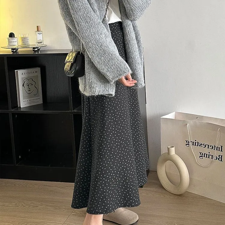 Elegante gonna longuette grigia a pois floreali per le donne Harajuku retrò allentato grande altalena ombrello gonne primavera casual ufficio pendolari