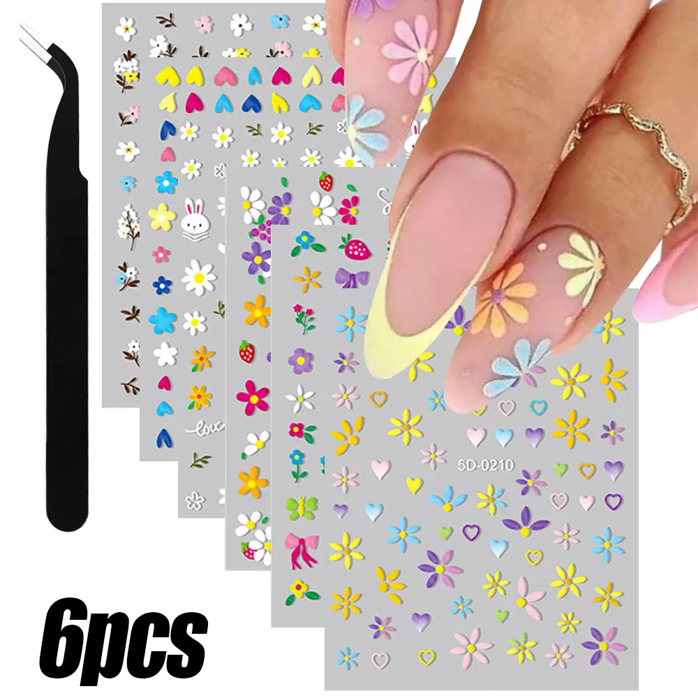 6pcs 꽃 데이지 네일 스티커 트위터 세트 5D 핑크 화이트 귀여운 데이지 작은 꽃 네일 데칼 접착제 여름 꽃 손톱