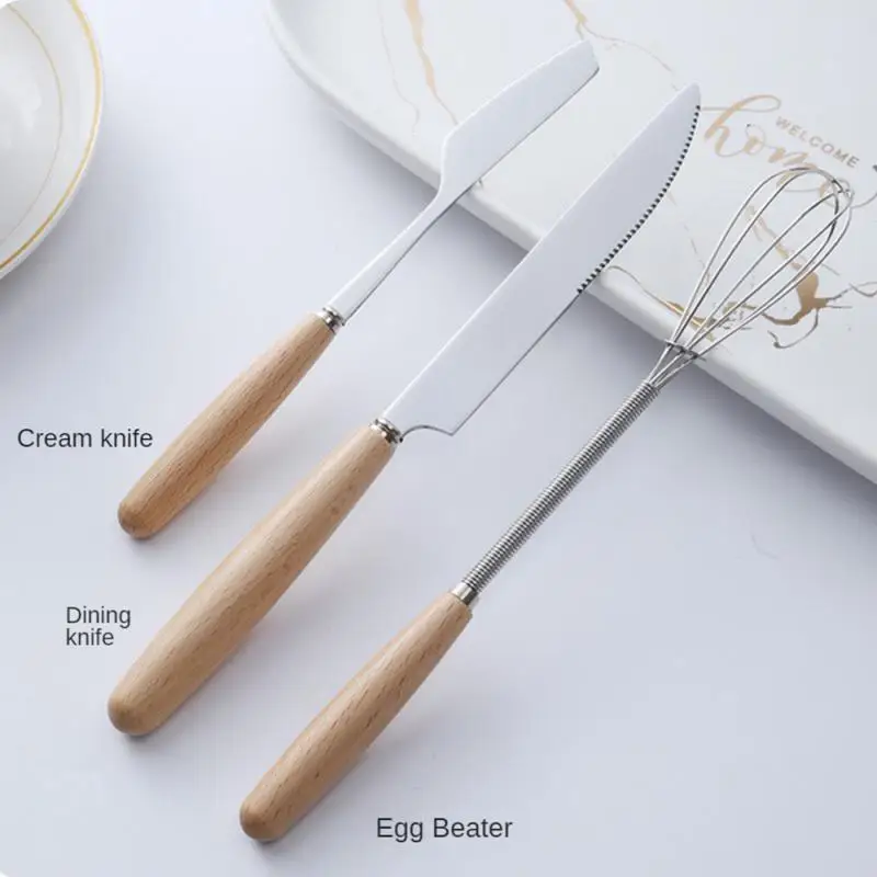 Stainless Steel Tableware Japanese Fork Spoon Western Food Steak Knife Wooden Handle Soup Spoon Fruit Dessert Fork Kitchen Tool