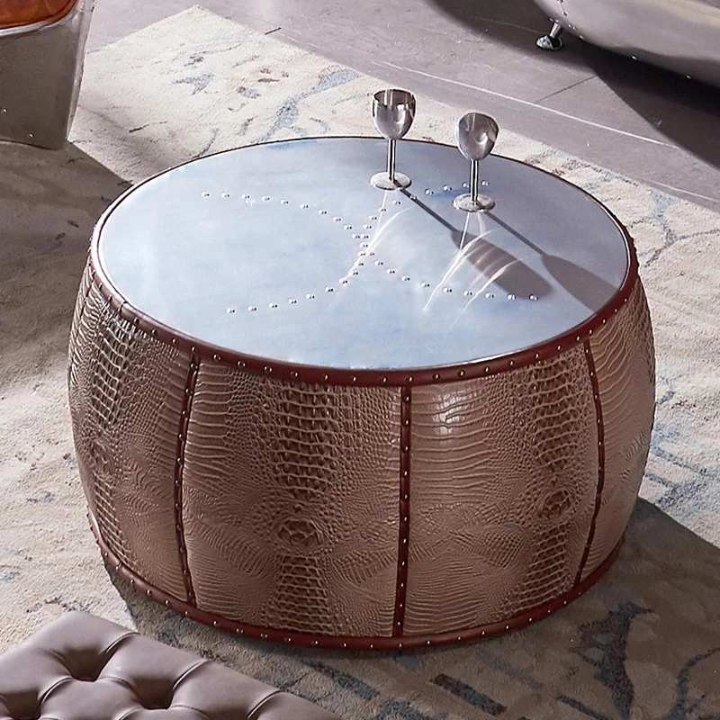 Medieval style oil wax leather industrial style retro round coffee table design creative round drum tea table club furniture