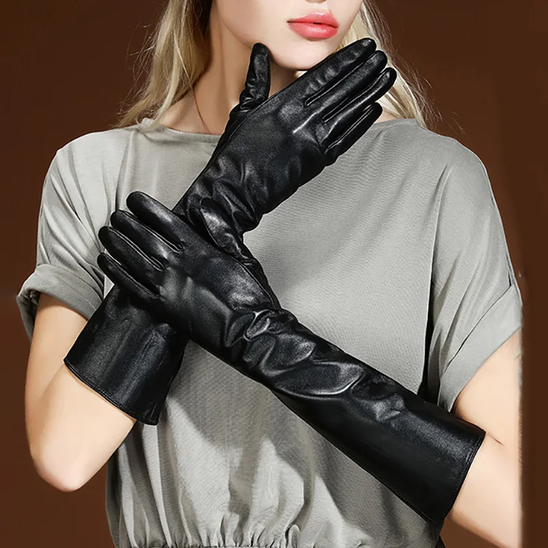 

Женские черные перчатки из искусственной кожи длиной 30 см, модные зимние теплые ветрозащитные варежки с бархатной подкладкой для косплея