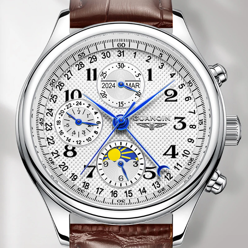 GUANQIN мужские механические часы с автоматическим механизмом, многофункциональный циферблат, сапфировое стекло, водонепроницаемые наручные часы высокого качества