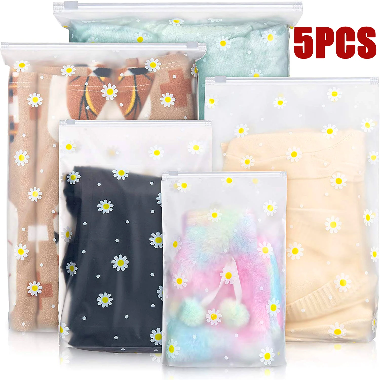 5PCS Creative Portable Outing Travel Storage Bag Daisy Frosted Bag Packaging Bag Clothing Sorting Bag Travel Organizer For Shoes