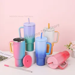 40oz gradient color car cup with handle, stainless steel large capacity straw insulation cup, car mounted ice cream water cup