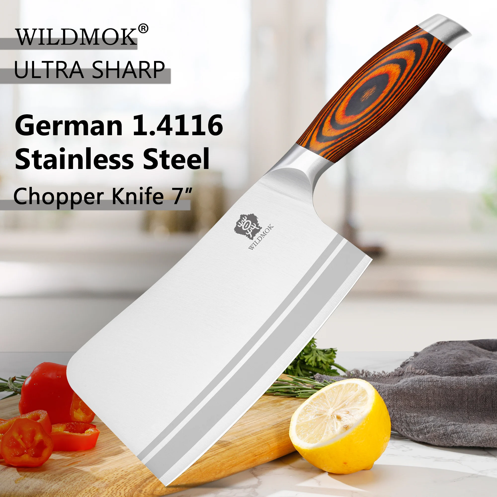 

WILDMOK Heavy Duty Bone Chopper Knife German Stainless Steel Chinese Knife- 7-Inch Blade with Pakkawood Handle