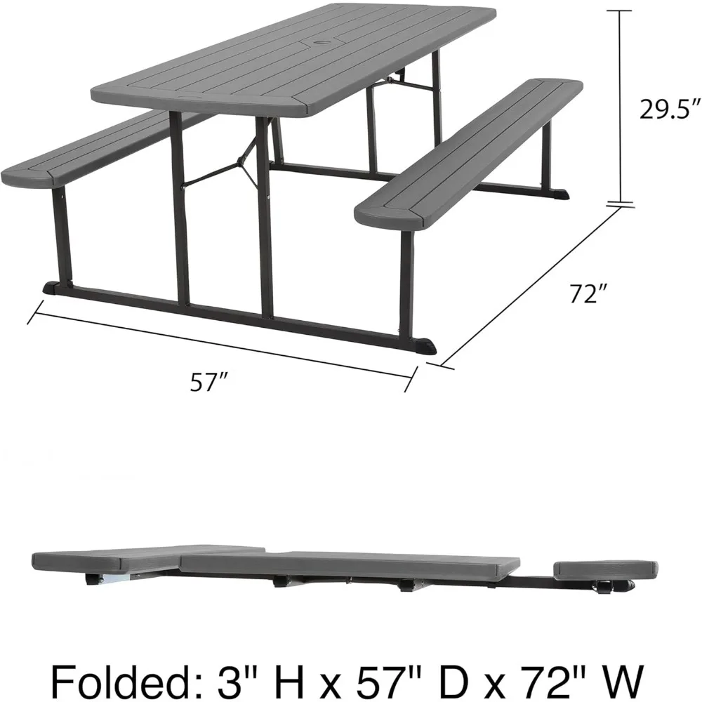 56.88 X 72 X 29.38 Inches Outdoor Table with Steel Legs for 8 People, Dark Gray Wood Grain Resin, Folding Patio Table