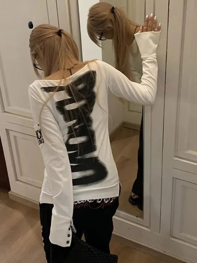 

American Retro Print T-shirt Women Long Sleece Button Graphic Tops Y2k Tops 2000s Japanese Grunge Tops E-girls Autumn