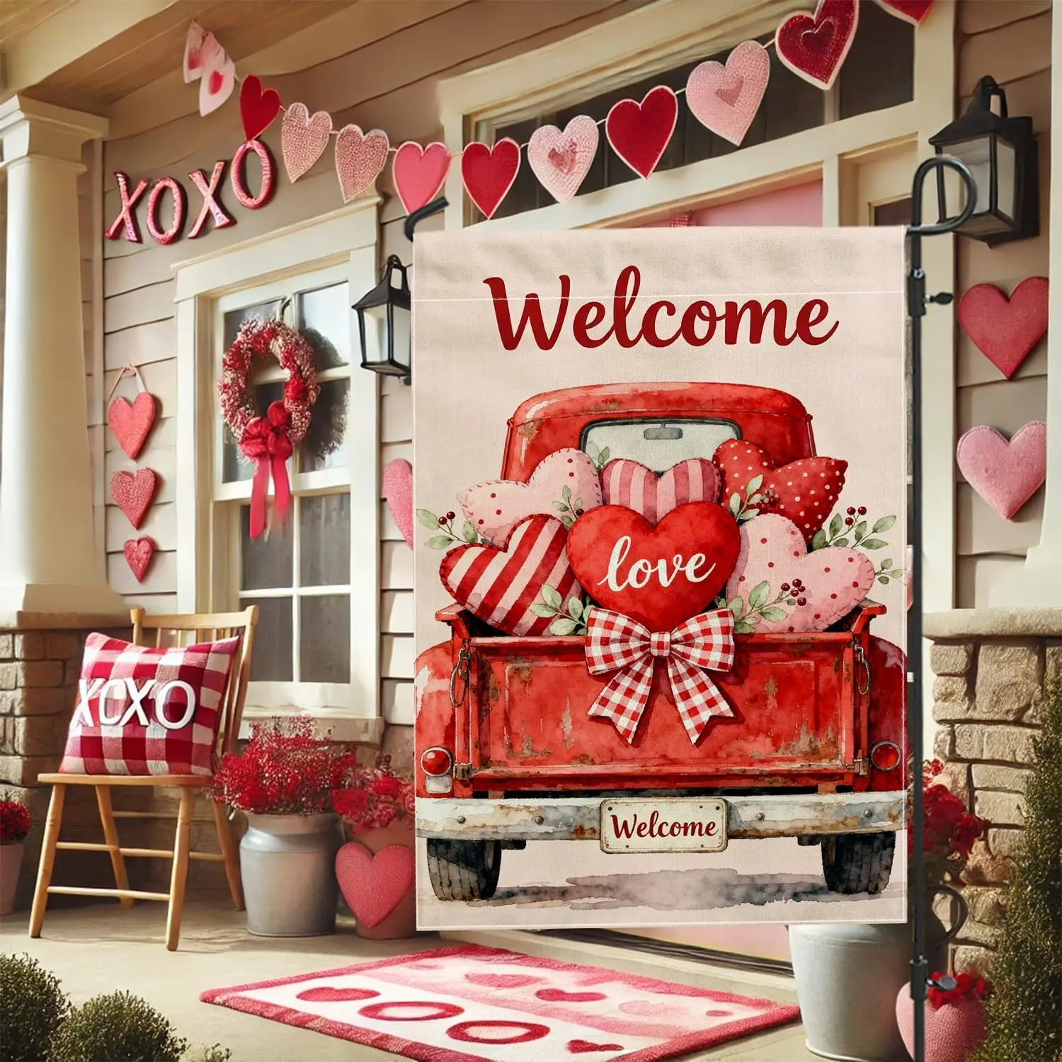 Heart Garden Flag, Valentine Rustic Truck Bow Valentine Red Burlap Double Sided Small Garden Yard Flag for Outdoor Lawn Fron IIC