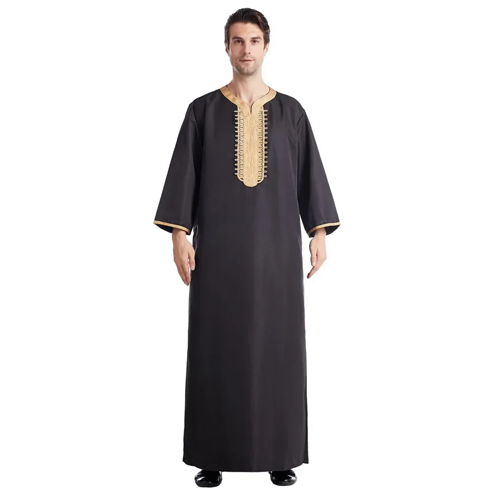 Muslim Men Jubba Thobe Solid Color Breathable Embroidery Long Robes Gown Islamic Arabic Kaftan Abaya Middle East Dubai Pakistani