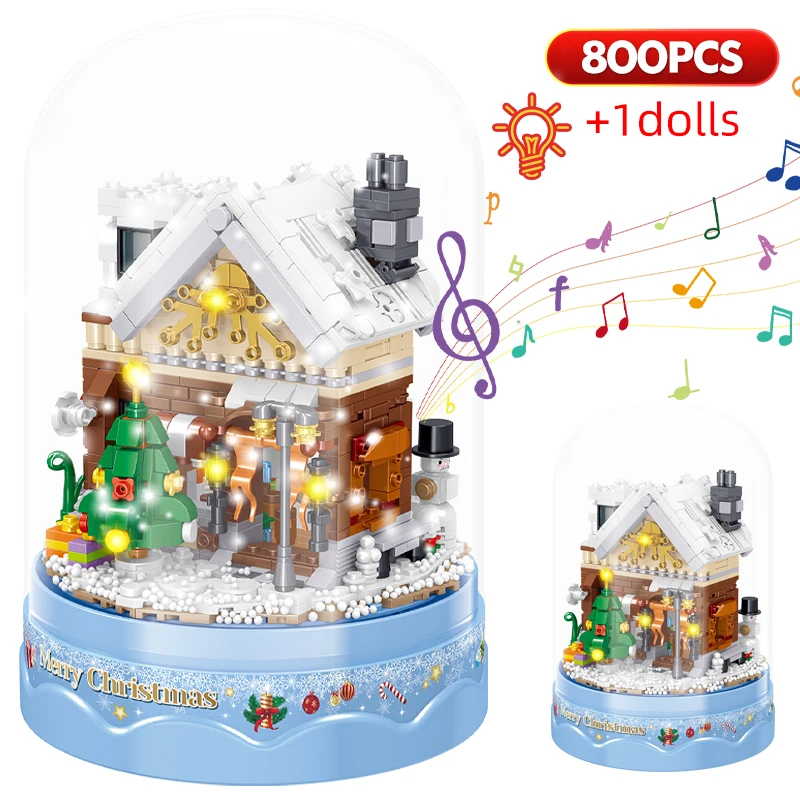 MOC Navidad Santa Claus trineo carro caja de música juego de bloques de construcción invierno nieve hielo árbol casa DIY juguetes para niños regalos de navidad