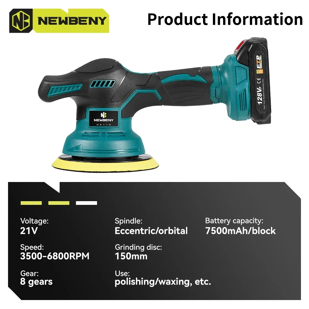 NEWBENY 150mm Electric Car Polisher 8 Gears Adjustment Cordless Car Polishing Waxing Sanding Power Tools For Makita 18V Battery