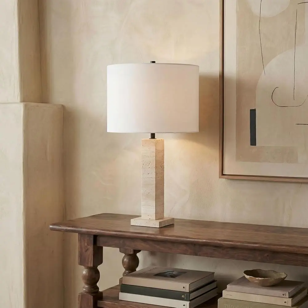 Dimmable 27-inch Travertine and Black Table Lamp for Bedroom, Living Room, Office, or Nightstand