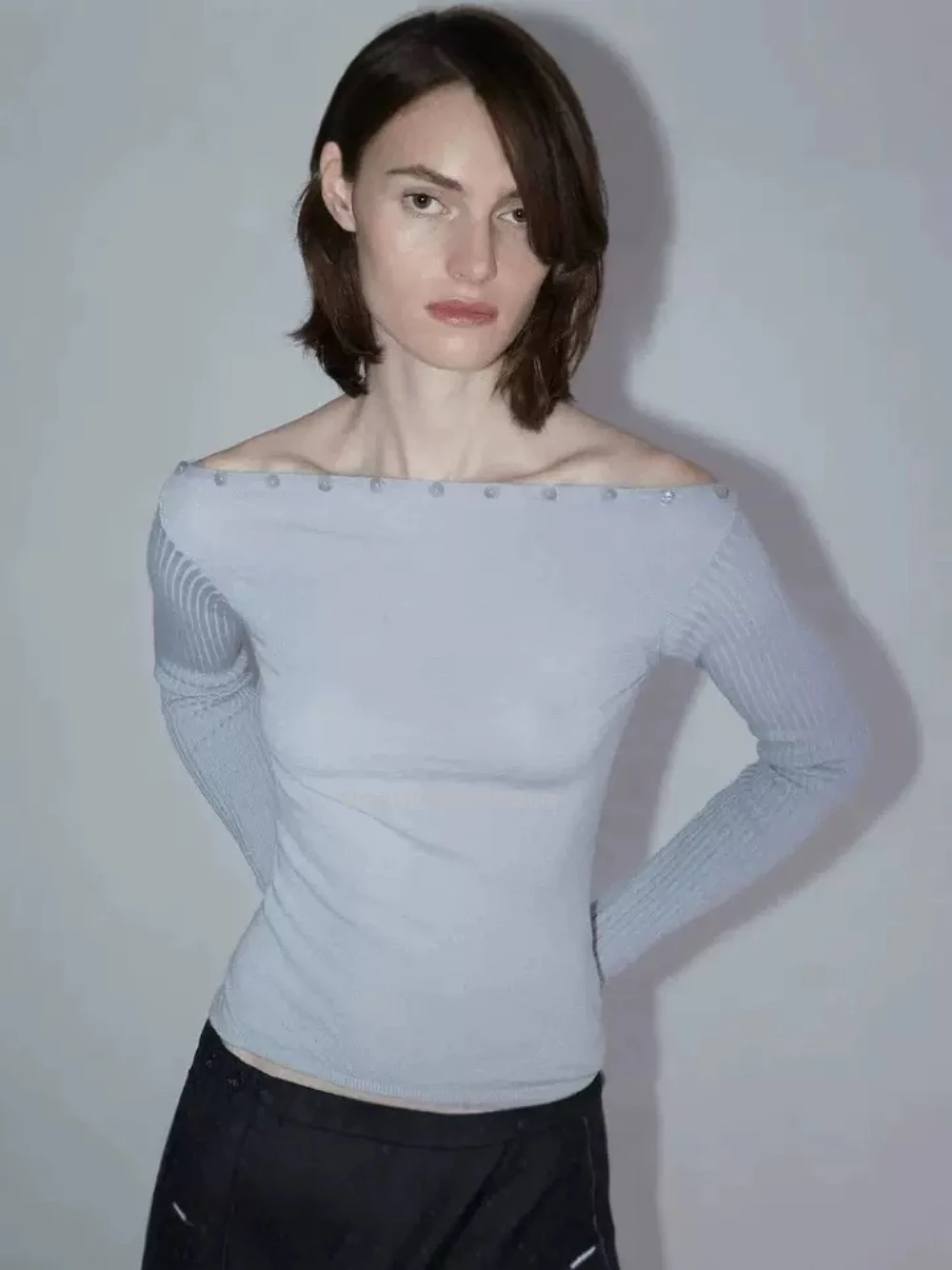 

Pa wl new Spanish wool ribbed one-shoulder knitted long-sleeved top for women in autumn