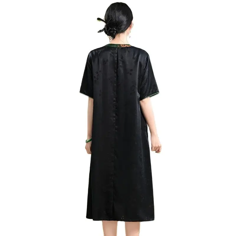 BirdTree 100%Mulberry Silk Retro Dresses, Women's XiangYunSha Printed, Elegant Loose Large Mom Dress, 2024 Summer New D44436QM